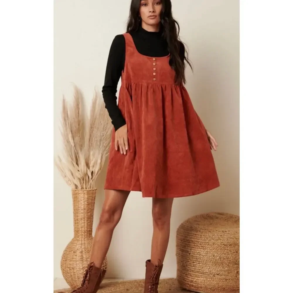 orange corduroy dress vintage Orange Warm Cotton Corduroy Deep Neck Midi Wrap Dress 52" / Custom Height (Free)